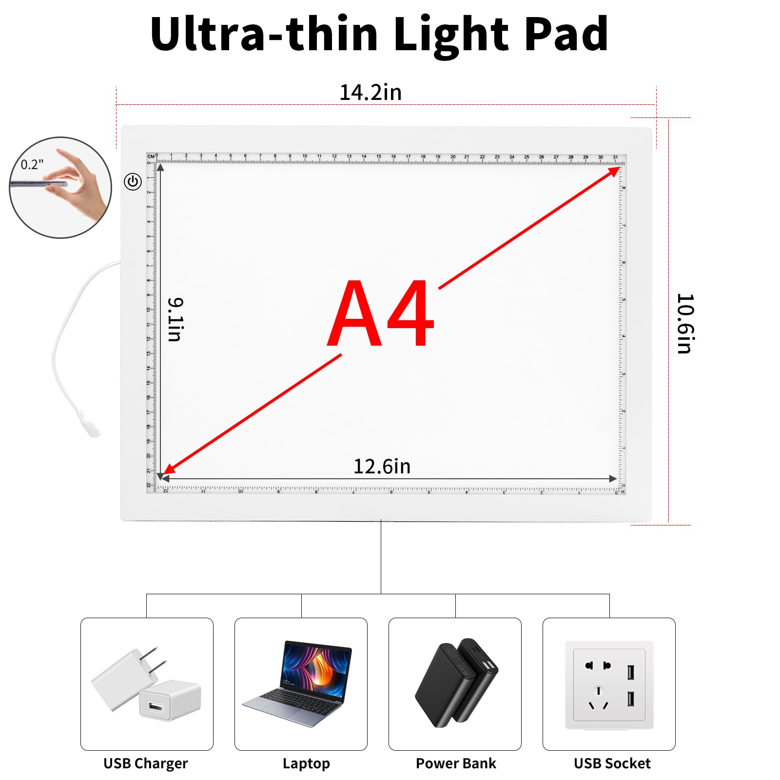 YINGWOND Tavoletta Luminosa,led light B4 scheda luminosa regolabile con staffa, 3 luminosità regolabile, scheda LED fino a 8000LUX, con caricabatterie UE e USB per disegno, schizzo e animazione