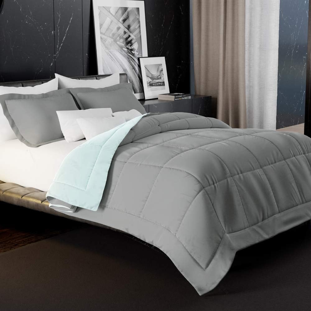 JÁCLER Twin 2-Piece Lightweight Reversible Comforter Set, 1800 Thread Count, All Season Down Alternative | Duvet Insert | 1 Reversible Comforter with 1 Reversible Sham (Twin, Aqua/Light Gray)