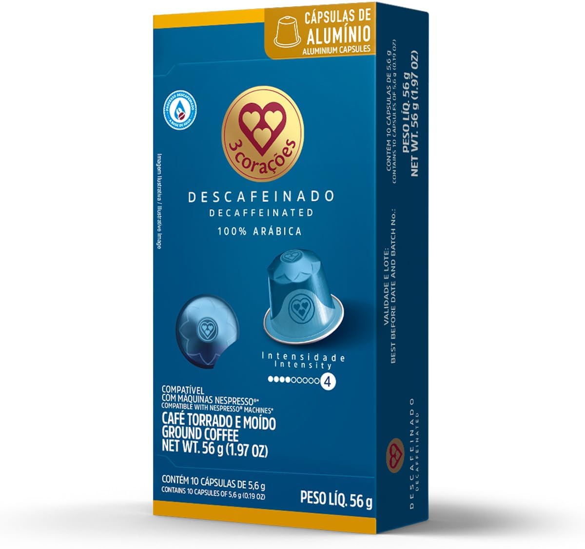 3 Corações Cápsulas de Café Descafeinado, Compatíveis com Nespresso, contém 10 cápsulas