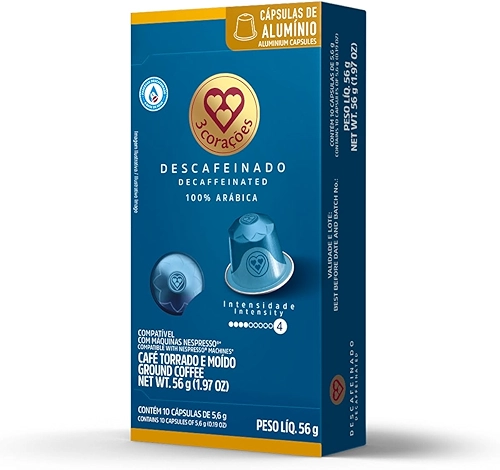 3 Corações Cápsulas de Café Descafeinado, Compatíveis com Nespresso, contém 10 cápsulas