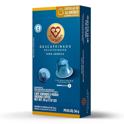 3 Corações Cápsulas de Café Descafeinado, Compatíveis com Nespresso, contém 10 cápsulas