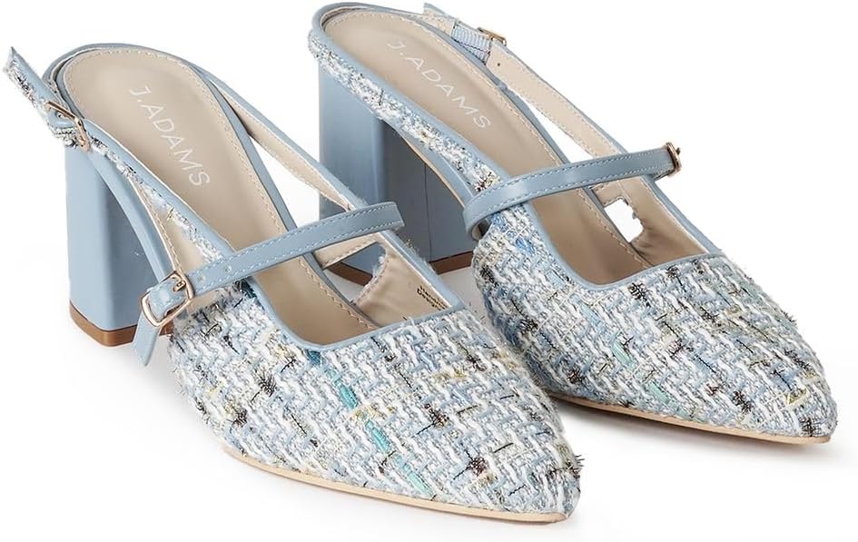 J. Adams Lori Women's Tweed Pointed Toe Block Heel Slingback Pumps - Stylish and Comfortable Mary Jane Heels Black