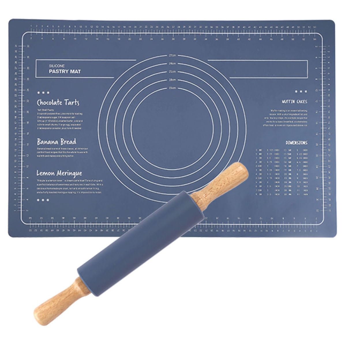 Artibetter Tapete de Silicona para Amasar Pan Antideslizante Rodillo de Madera, Estera de Masa Reutilizable para Pizza y Repostería, Superficie Lisa Azul