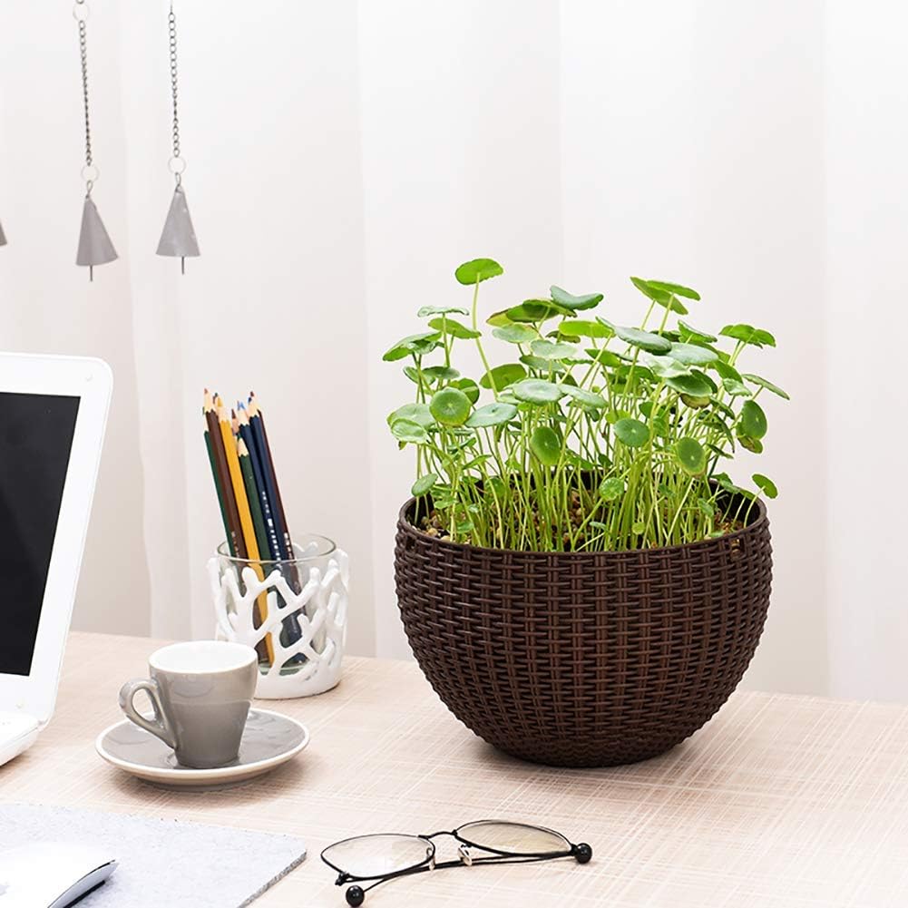 Pack of 7 Plastic Hanging Rattan Planter, Self-Watering Round Hanging Basket, Plant Herb Orchid Flower Pot,Blooms Container for Home Office Garden Balcony Wall Pergola Fences Indoor Outdoor Decoratio