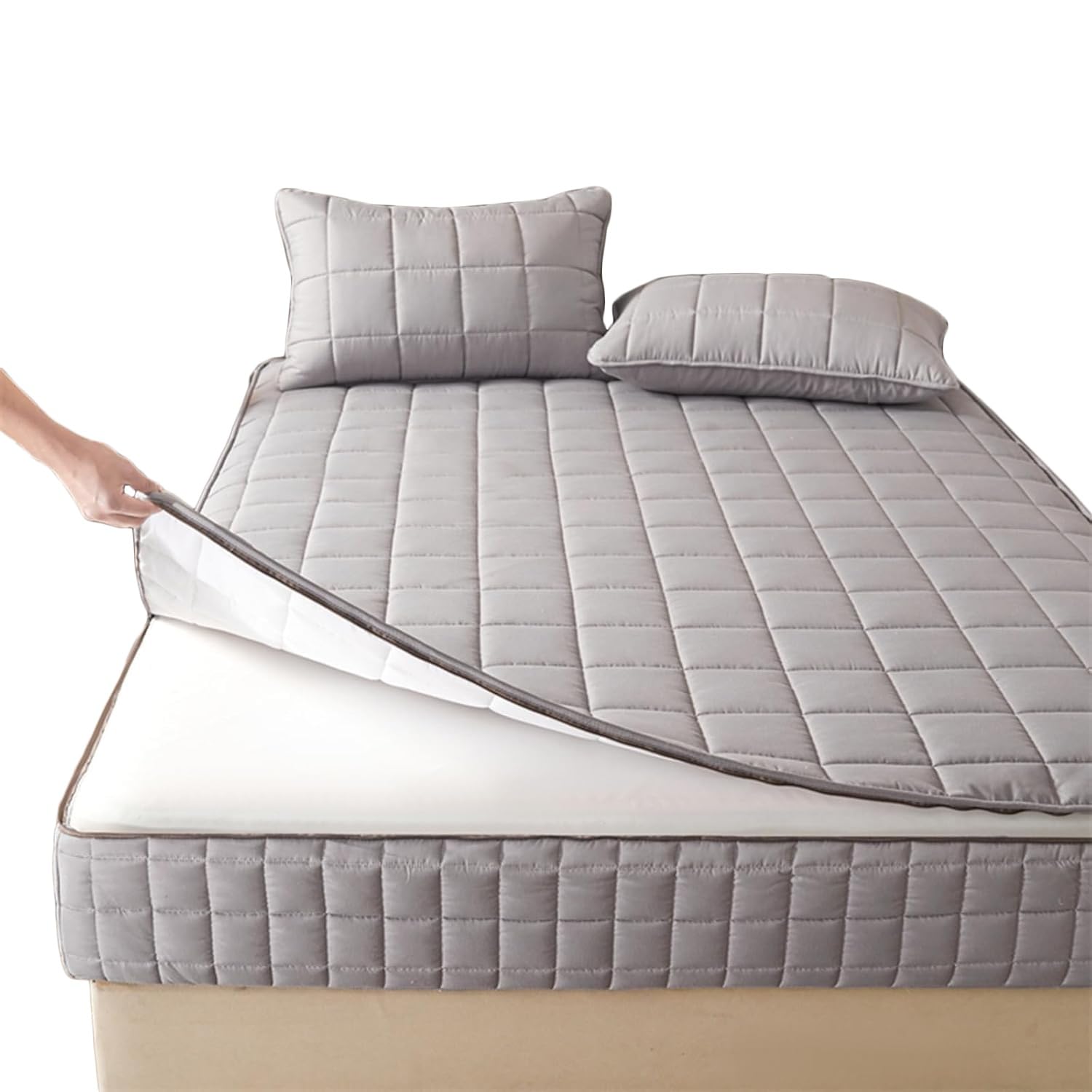 Trapuntato Coprimaterasso Matrimoniale 160x190 180x200 con Cerniera, Comprende 2 Federe, Fodera Materasso Singolo Topper Lavabile Rivestimento(Grigio,160x190x15cm)