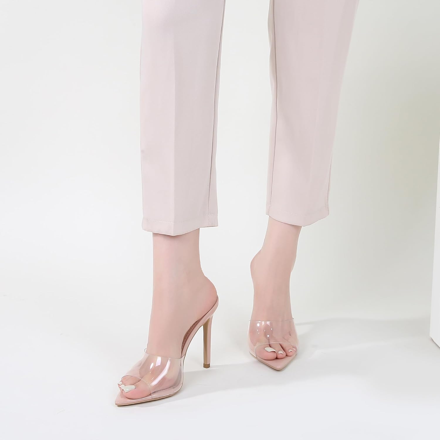 Women Clear Pointed Toe Sandals Stiletto Heels Transparent Strap High Heels Slip on Mules for Women - Image 8