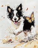 Wallphantom border collie Kit de broderie croisée 11CT tissu imprimé,animal chien papillon,Kit de broderie au point de croix pour adultes et enfants,11CT estampillés,40x50cm