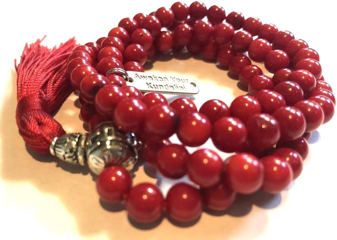 Red coral prayer beads japa mala necklace 6-7mm handmade 108+1 yoga meditation beads. Buddhist karma rosary for nirvana chanting om awakening chakra kundalini - w/Velvet Pouch