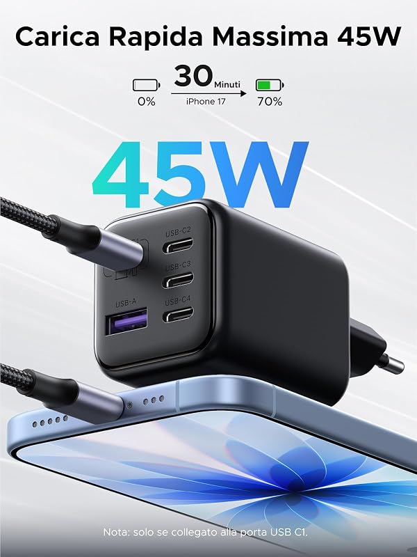 Adaptor încărcător rapid de rețea UGREEN 45W GaN USB C pentru iPhone 17 Pro Max 16 Air 15 Plus Pixel 10 9 Pro 7a Galaxy S26 S25 S24 Ultra MacBook Air