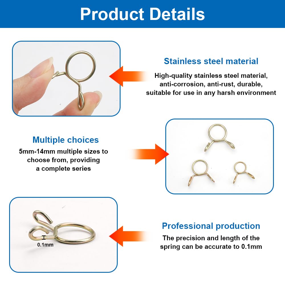 120 Pièces Clip à Ressort Tuyau Serrage 5-14 mm Colliers de Serrage à Ressort Colliers de Serrage à Ressort Double Fil Collier Durite Essence Collier a Clipper Durite pour Voiture,Moto (10 Tailles)