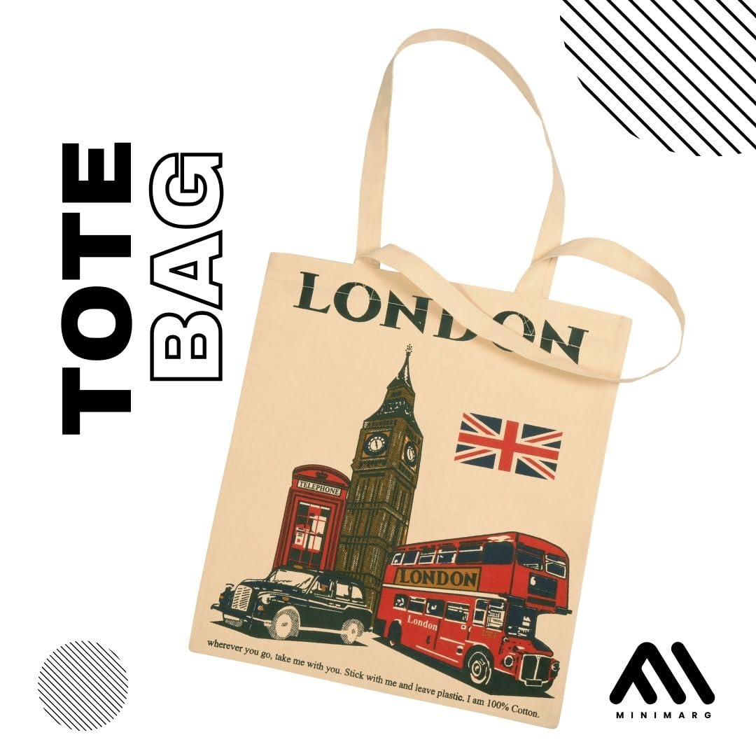 MINIMARG Printed 100% Cotton Tote Bag Souvenir for Presents, Natural, L - Image 3