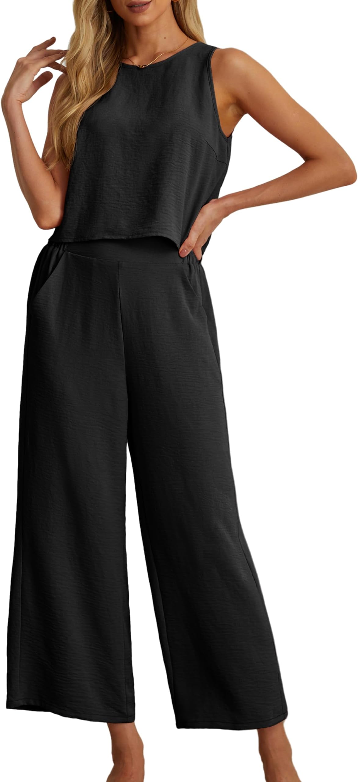 IWOLLENCE Women's Summer 2 Piece Outfits Set Round neck Sleeveless Tank Crop Top Wide Leg pants Set Pockets Jumpsuits