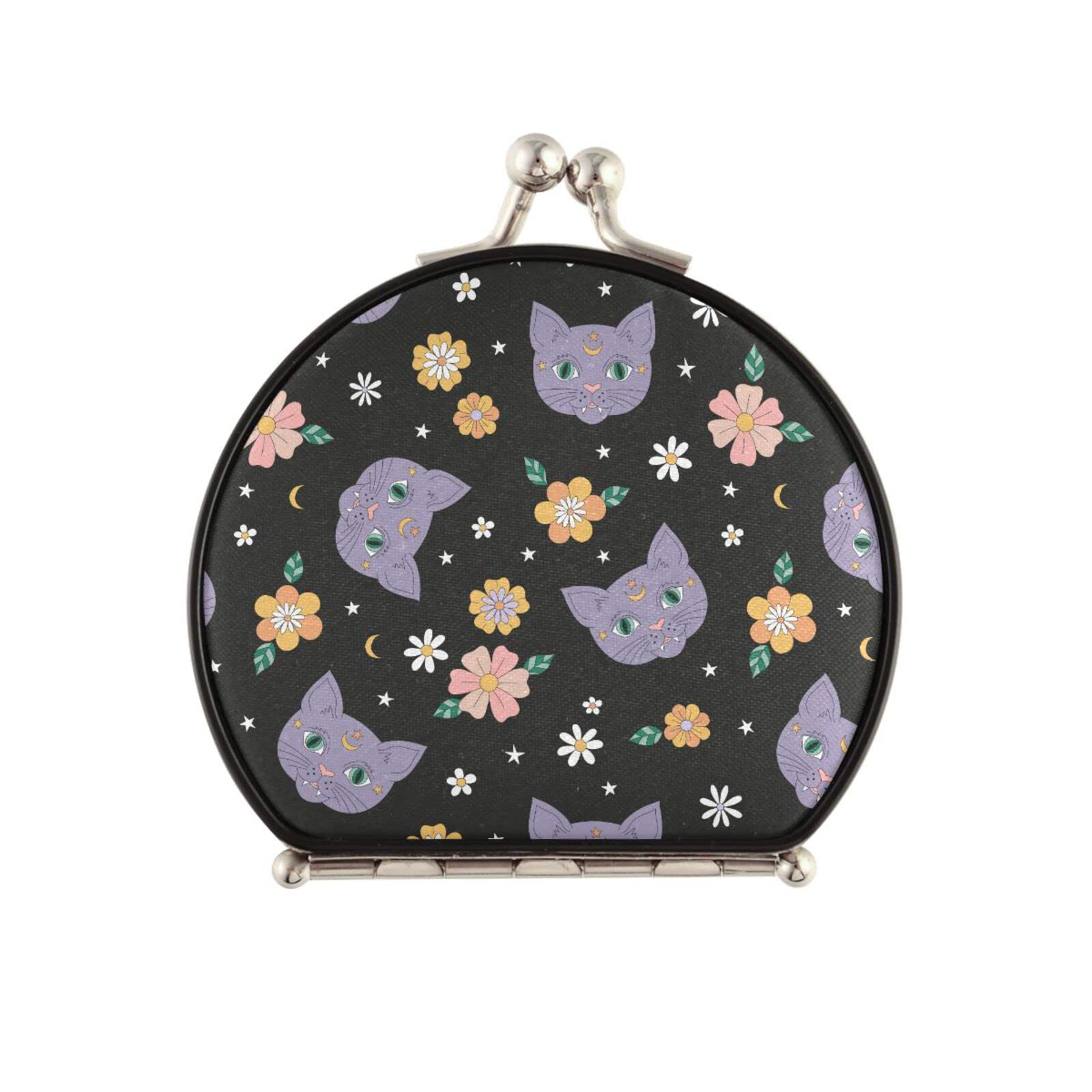 JHKKU Black Cat Daisy Flowers Compact Mirror Travel Makeup Mirrors Small Portable Folding Mirror Magnifying Mirror Handheld Double Sided Mirror