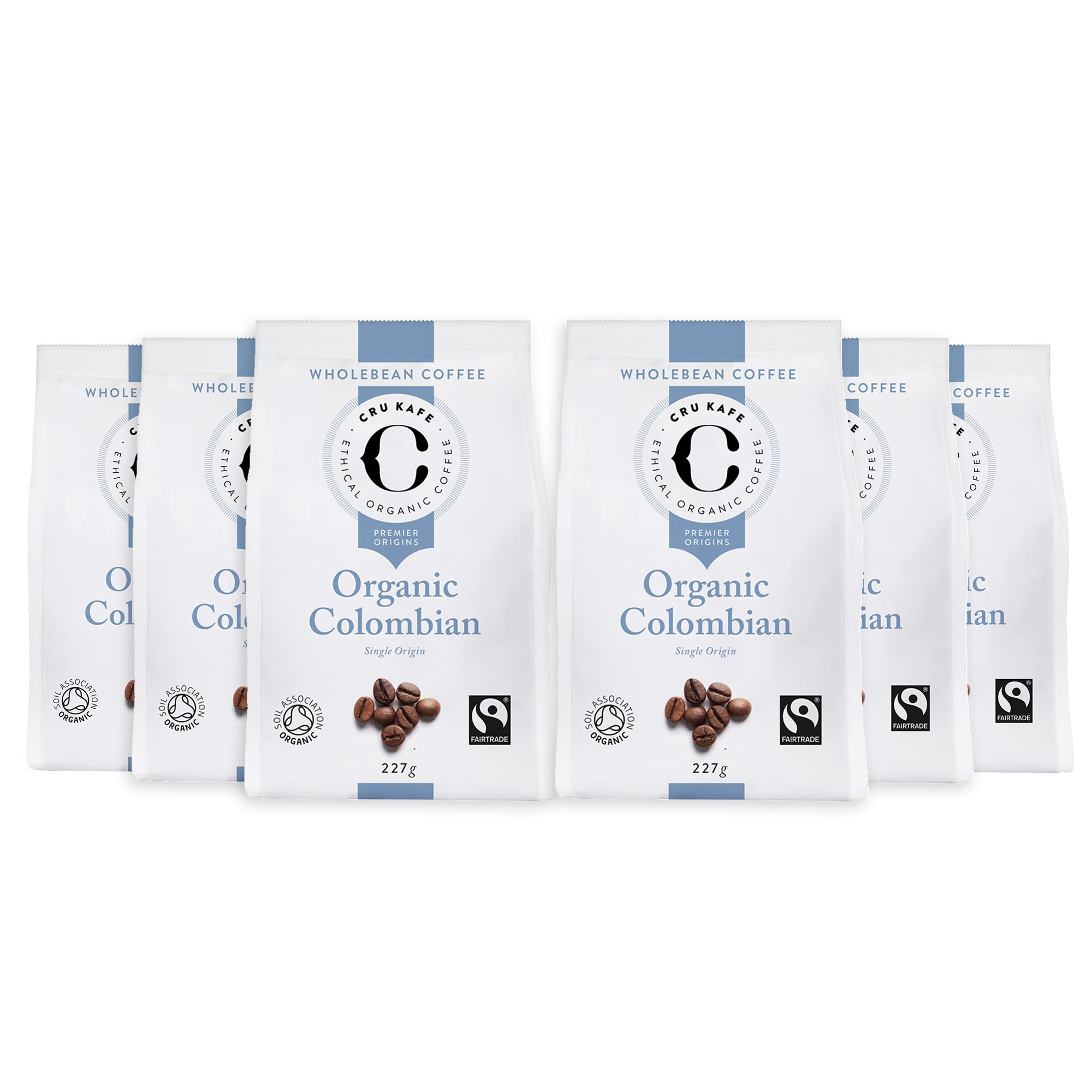 Cru Kafe Colombian Single Origin Medium-Roast Whole Coffee Beans, 6 x 227g Bags