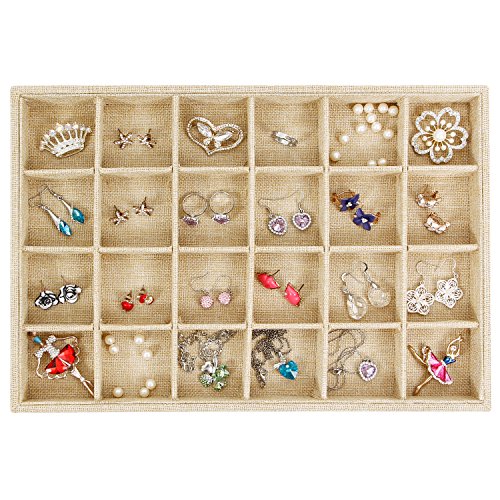 Valdler Sackcloth Stackable 24 Grid Jewelry Tray Showcase Display Organizer