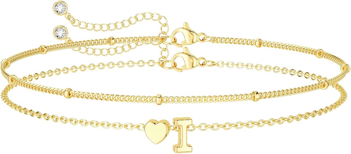 DEARMAY Dainty Initial Heart Gold Bracelets for Women Trendy, 14K Real Gold Letter Charm Bracelet Jewelry Cute Simple Fashion Chain Bracelets for Women Gift