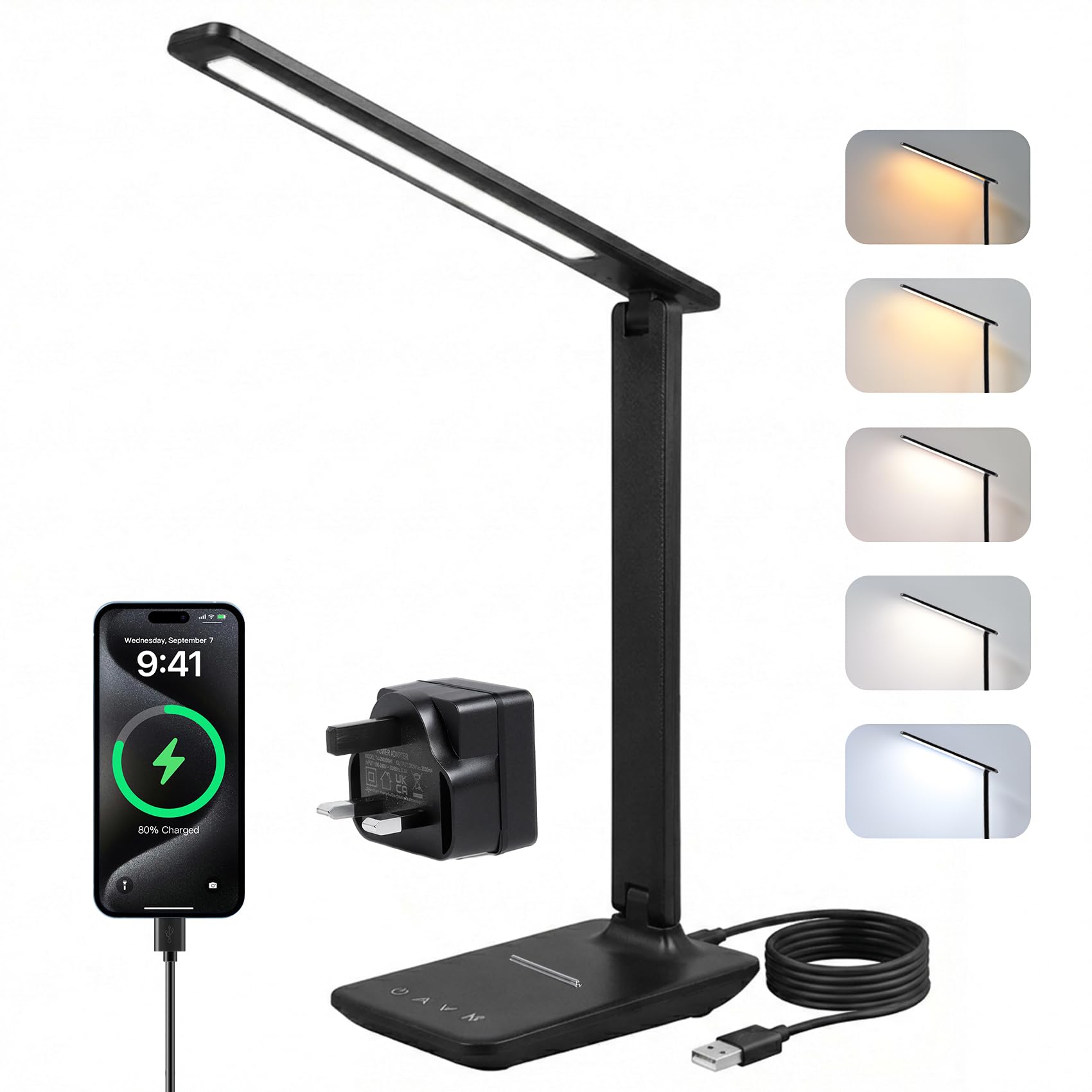 LED desk lamps office, dimmable desk light, LED table lamp with 5 colours and 5 brightness levels, reading lamp with USB charging port, touch control for children, bedrooms, reading, offices (Black)