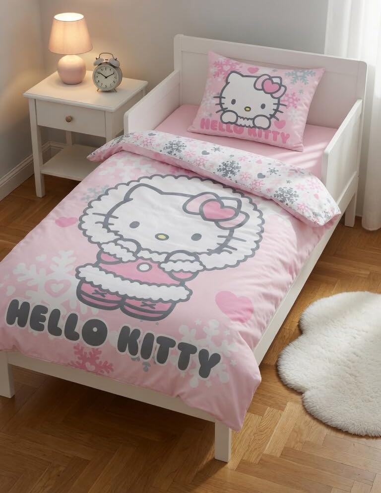 Parure de Lit Enfant Hello Kitty 100% Coton - Housse de Couette Bébé Réversible 100x135 cm et Taie d'oreiller 40x60 cm - Certifiée Oeko-Tex Standard 100 -...