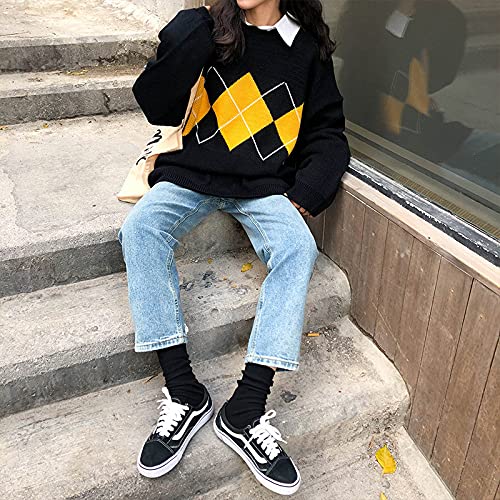 Women Geometric Pattern Argyle Sweater Pullovers Preppy Oversized O-Neck Knitted Sweaters Jumpers3
