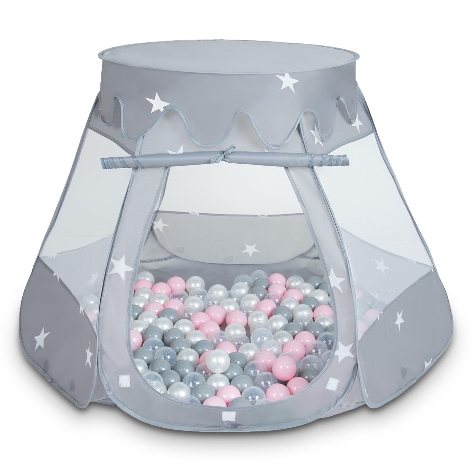 Selonis Play Tent 105X90cm/600 Balls Castle House Pop Up Ballpit Plastic Balls For Kids, Grey:Pearl-Grey-Transparent-Powder Pink โ image 1