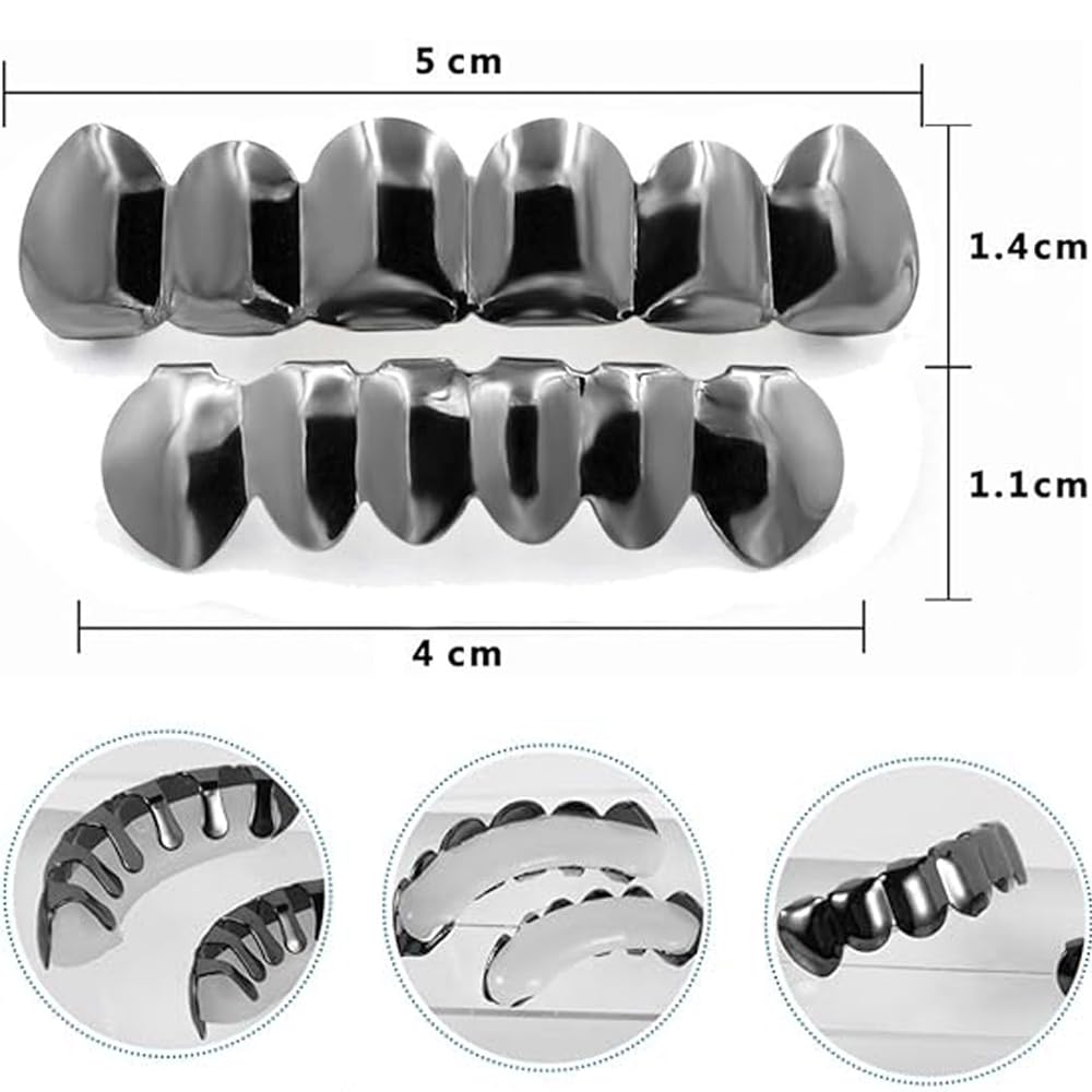 SSyang Hip Hop Teeth Grills for Mouth Braces Decoration with 2 Silicone Moldings Hip Hop Teeth Grills for Mouth Top Bottom Music Festival Party Hip Hop Rapper Decorations (Gun Black) - Image 2