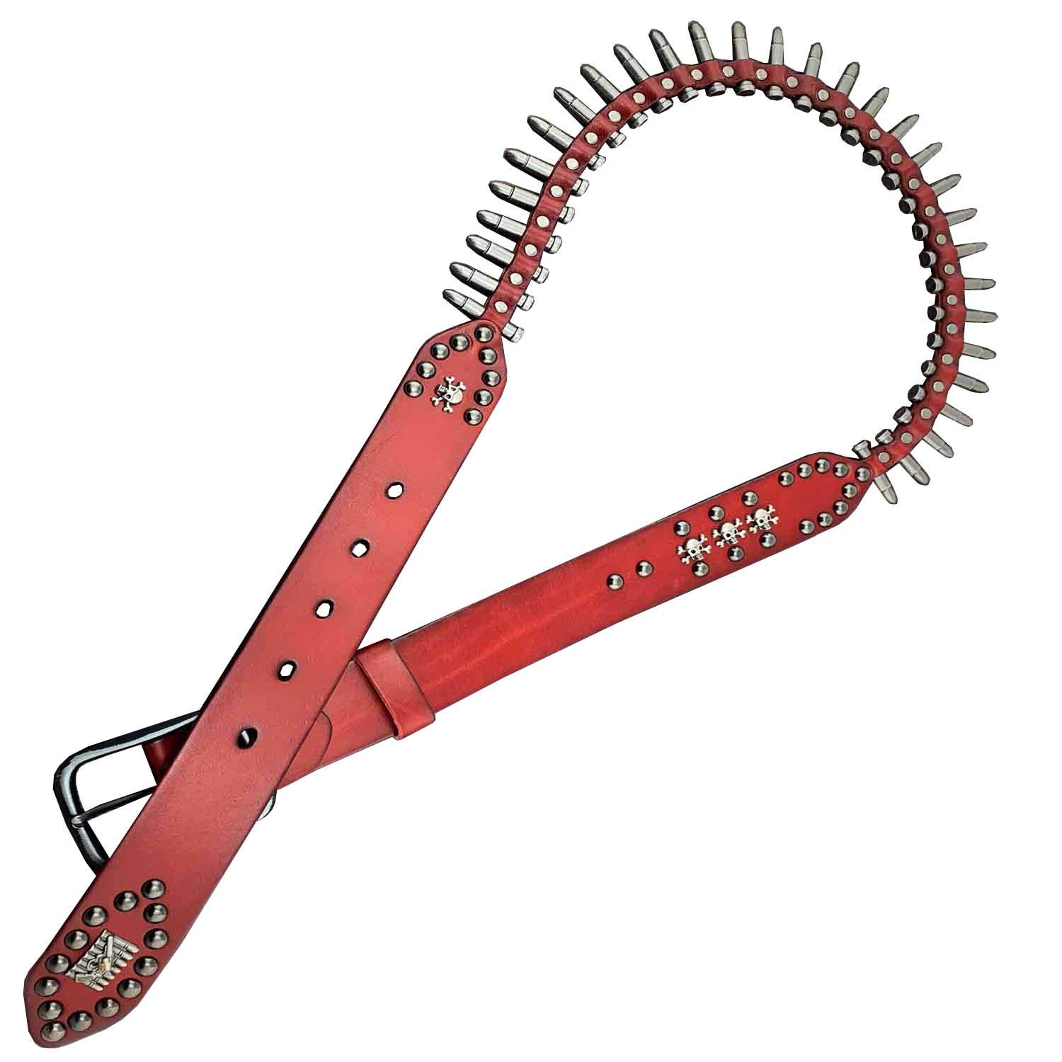 punkman2000 Red Genuine Leather Belt with Solid Metal Bullet studded for Women or men (115cm)