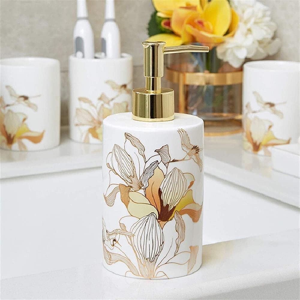 Juego De Accesorios De Baño De Cerámica - 3 Piezas Con Dispensador De Jabón, Soporte Para Cepillos Y Jabonera - Estilo Mármol Blanco Y Dorado