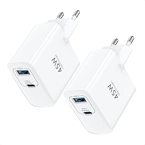 TOPADRE USB C Charger 45W 2-Pack 2-Port Fast Charger USB-C Power Supply PD PPS Fast Charger for Samsung Galaxy S25 S24 S23 S22 S21 Ultra, iPhone 17/16/15/14 Pro Max/iPad/Pixel, White
