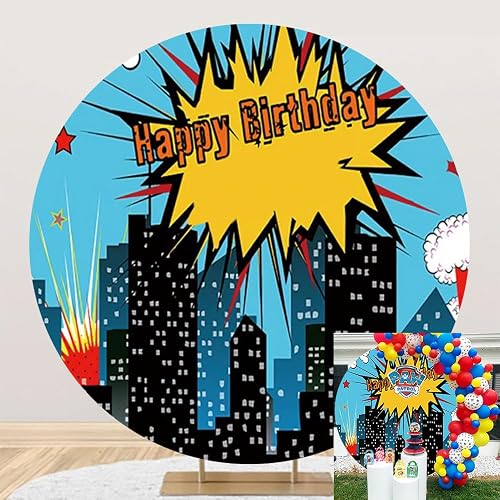TTQYFNM 6x6ft Cartoon Superhero City Happy Birthday Round Backdrop Cover Polyest