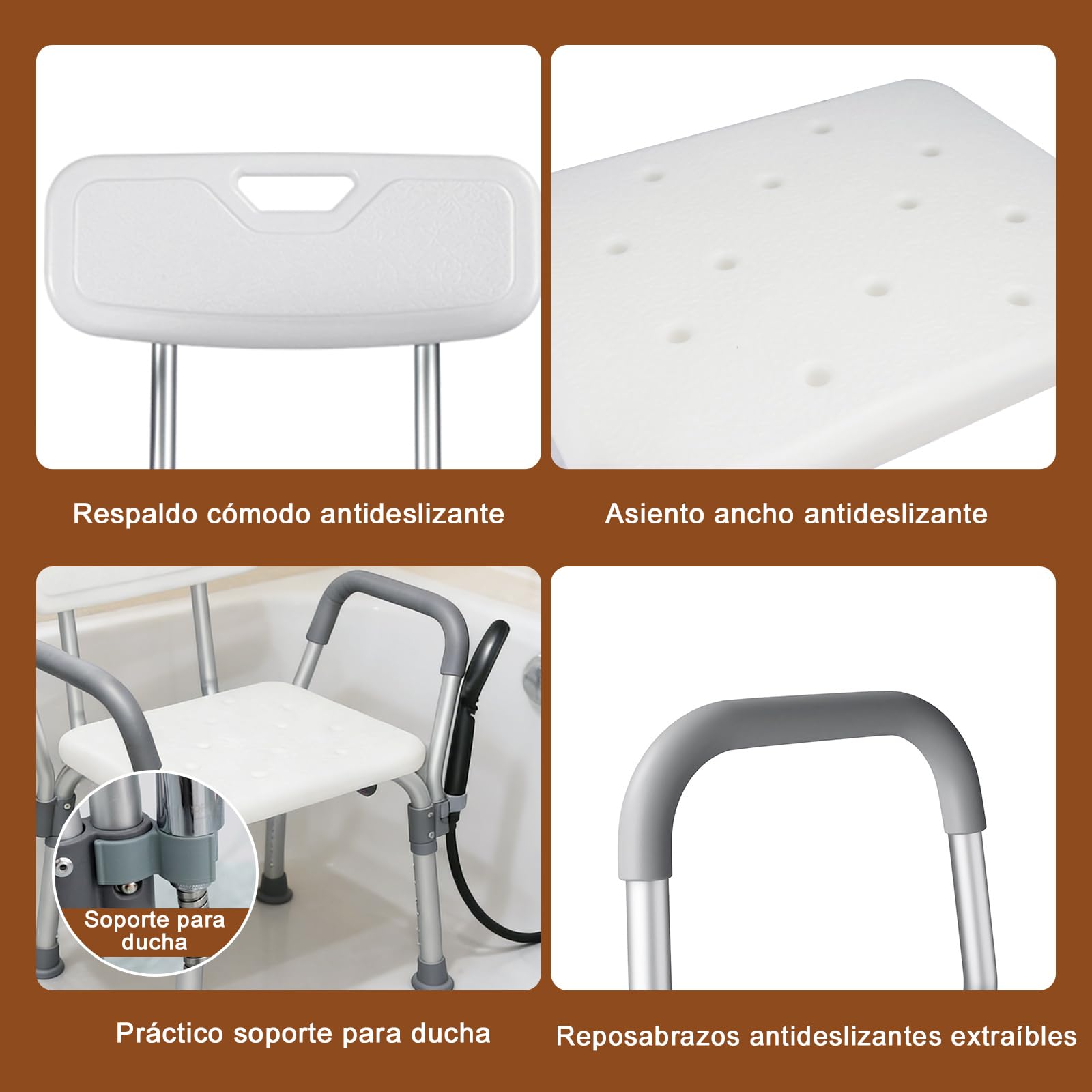 Taburete de Ducha Seguro para Personas Mayores, con reposabrazos Ajustables en Altura, Almohadillas Antideslizantes, Orificios de Drenaje y Estructura Ligera de aleación de Aluminio