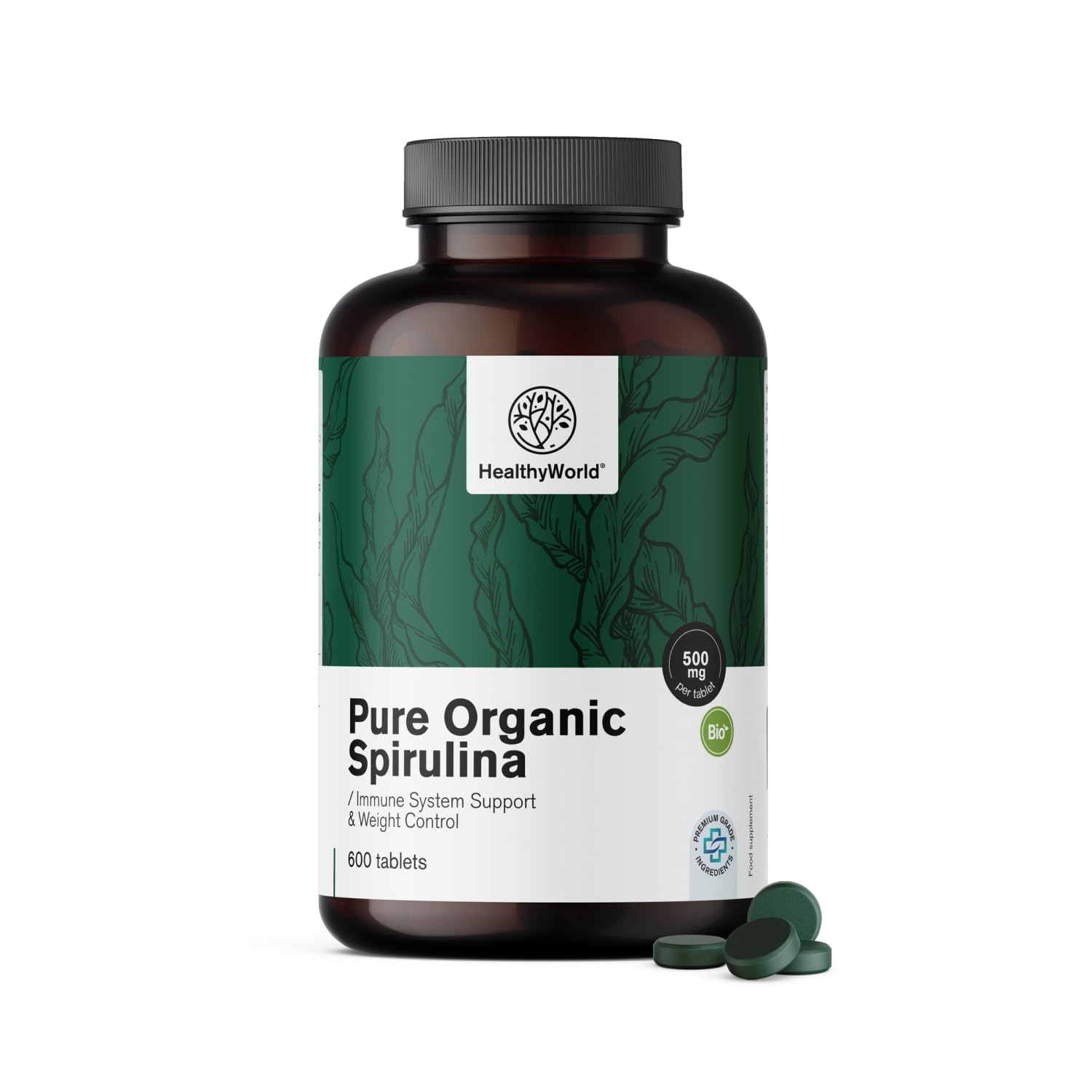 HealthyWorld BIO Spirulina 500 mg - 600 Tabletek - 100% Naturalne Składniki - 4000 mg na Dzienną Porcję - Bez GMO - Na ponad 2 Miesiące - Regulacja Masy Ciała