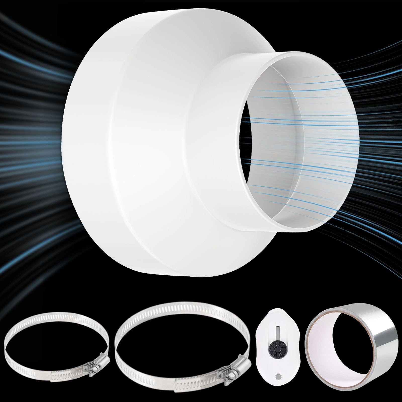 Rundrohr Adapter 150 auf 100mm Reduzierstück aus ABS mit Edelstahl Klemmen Alufolienband Reduzierung Ofenrohr Plastik Reduzierverbinder für Lüftungssystem Lüftung Rundrohr Ventilation(6 bis 4 Zoll)