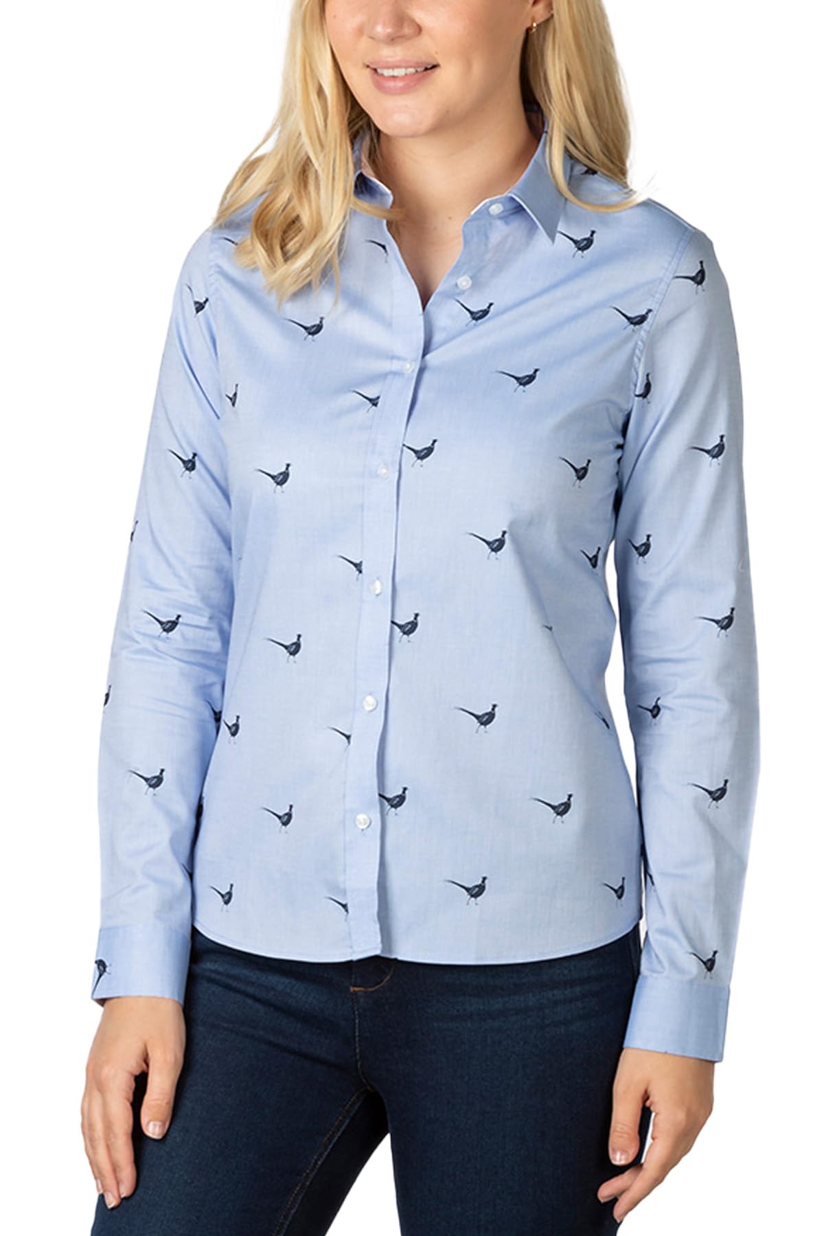 Rydale Ladies Oxford Cotton Printed Shirt Womens Button Shirts Blouse Animal Print (as8, Numeric, Numeric_18, Regular, Regular, Blue Pheasant)