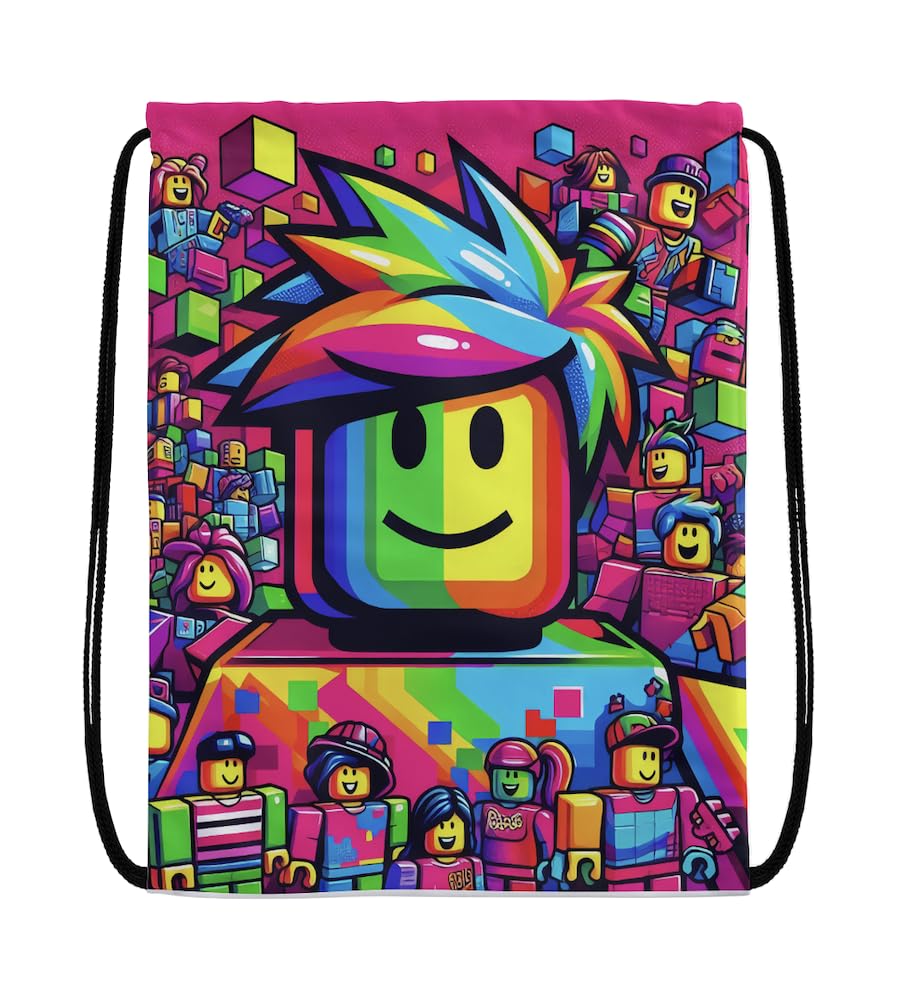 EZB Ro-blox Drawstring Bag | 36x30cm Midi Sized Backpack | Multi-Use: Sports Kits, PE Kits, Gym, Pump, Lunch, Holiday, Beach | Fun Unique Design | Ro-blox Colourful Bag