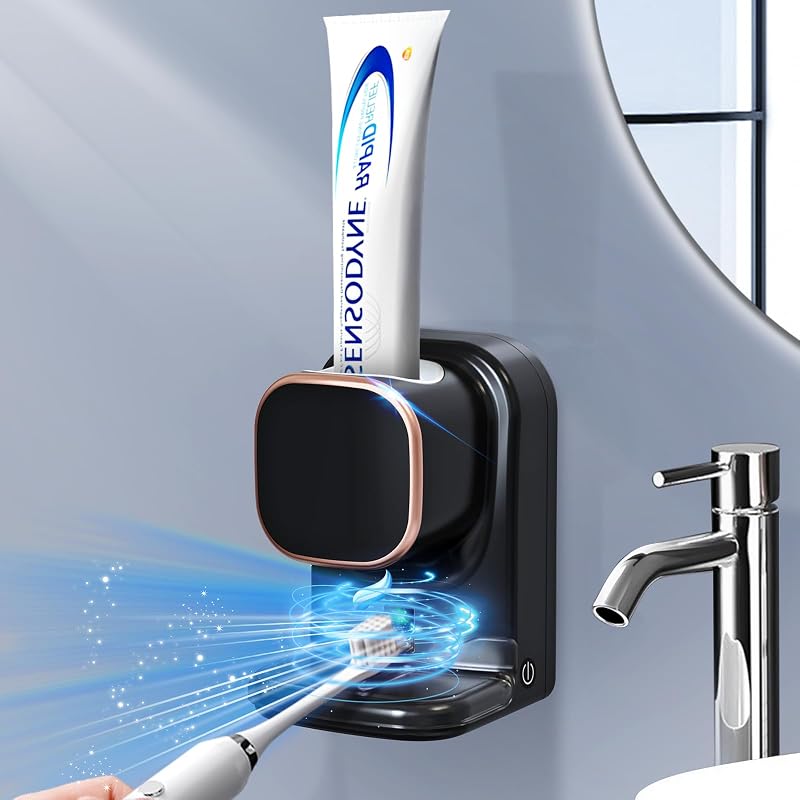 Dispensador automático de pasta de dientes Wekity, dispensador de pasta de dientes eléctrico montado en la pared para niños y adultos, dispensador de pasta de dientes para baño (negro)