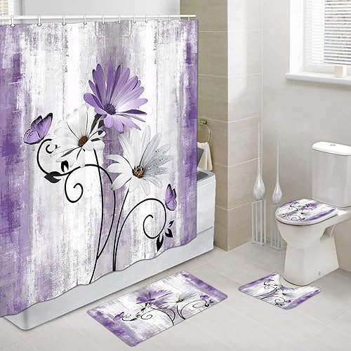 Juego de cortinas de ducha rústicas con alfombras, margaritas moradas de granja, flores florales, mariposas, cortinas de baño de madera de campo de