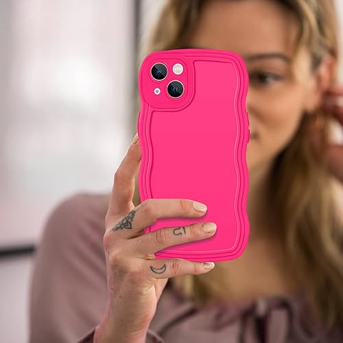 Miniatura 8 de YINLAI Funda diseñada para iPhone 13, funda de teléfono rosa neón, bonita forma de marco de onda rizada, delgada, suave, de gel de poliuretano