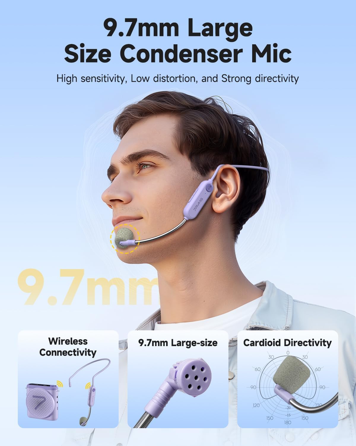 7RYMS WA1 Wireless Voice Amplifier for Teachers, Elderly with Headset Microphone, Personal Classroom Amplifier-Noise Canceling, 23H Working, 164ft Range, Mini Pa System for Teaching Tour Guide Yoga - Image 2