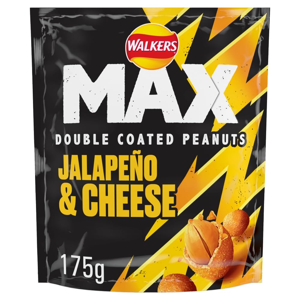 Walkers Max Strong Jalapeño & Cheese Sharing Double Coated Peanuts 175g (Case of 8), Yellow