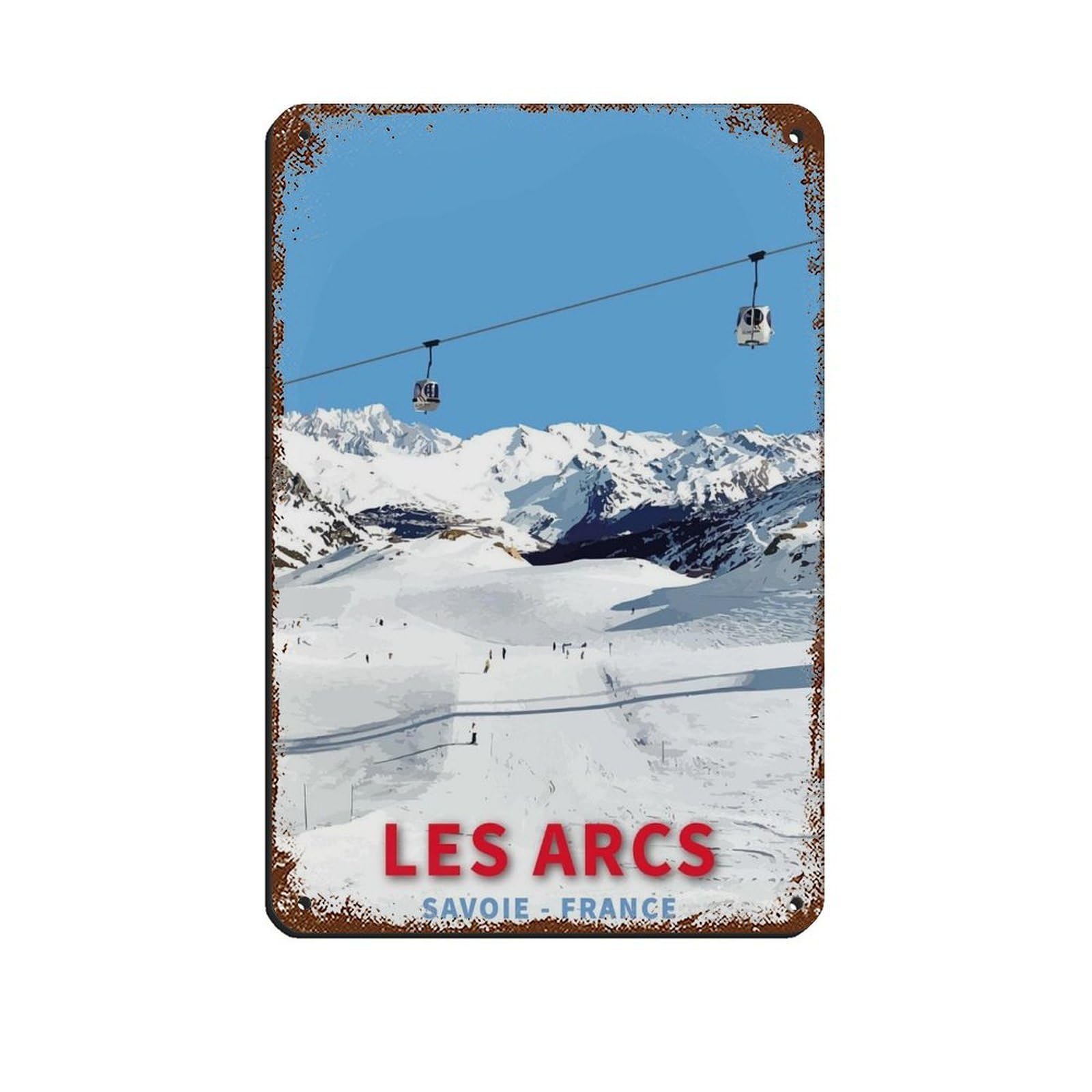 Skiing Travel Poster Les Arcs Ski France Travel Retro Poster Metal Tin Sign Chic Art Retro Iron Painting Bar People Cave Cafe Family Garage Poster Wall Decoration 8x12inch(20x30cm)