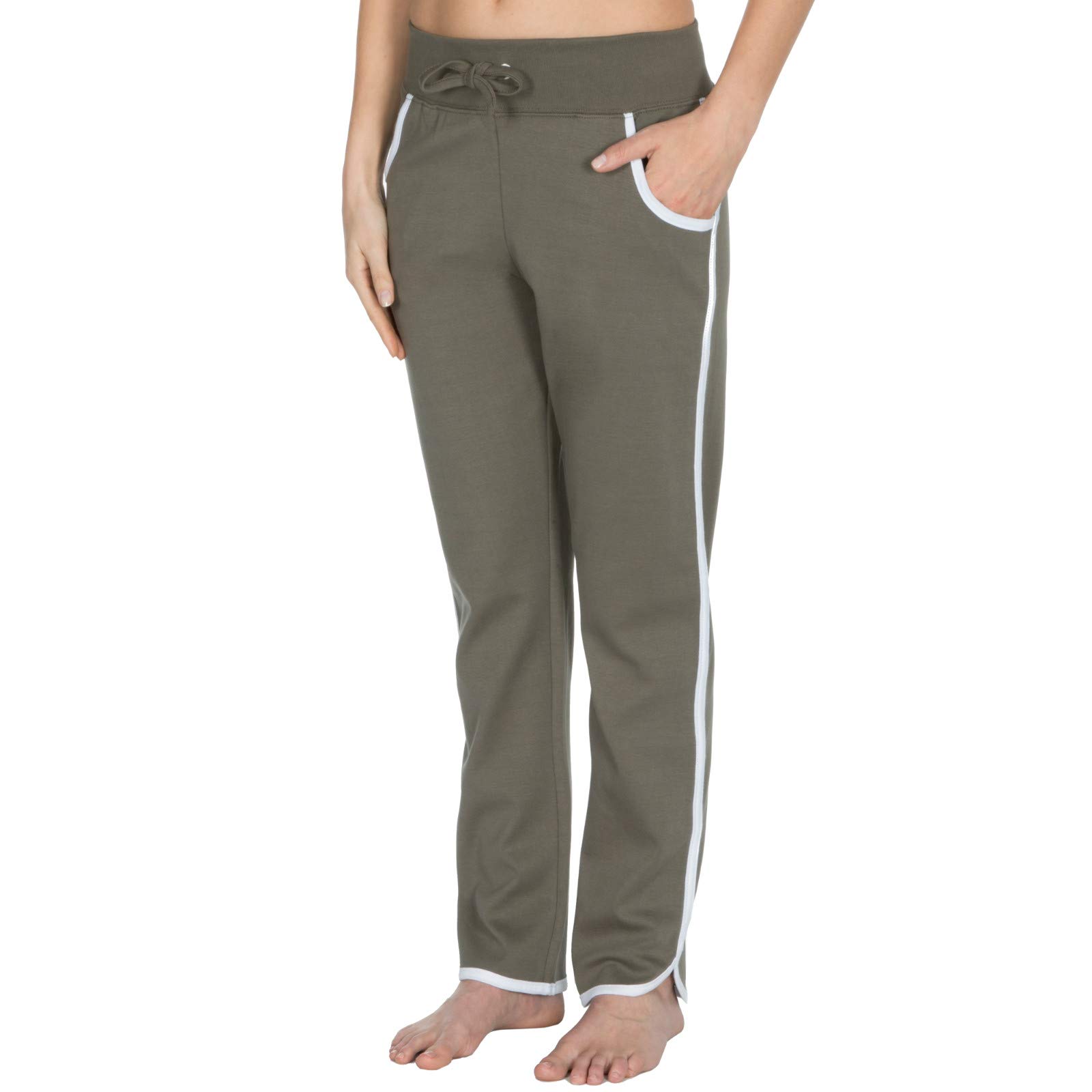 Lora Dora Women's Pockets - Khaki 100% Cotton Stripe Jogging Bottoms Open Hem Pockets Khaki Uk 10