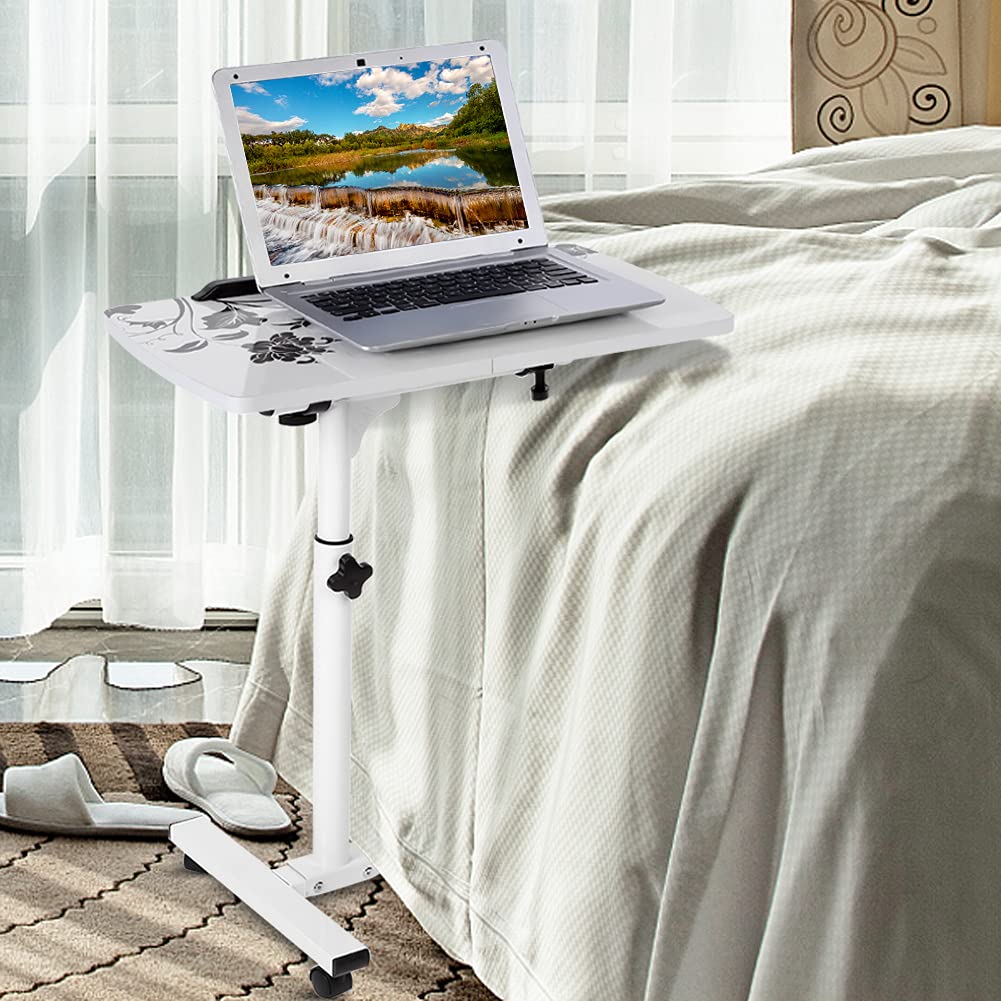 Wakects Tavolo Portatile per Computer Regolabile in Altezza con Rotelle, Tavolino da Letto e Divano con 4 Ruote, Bianco