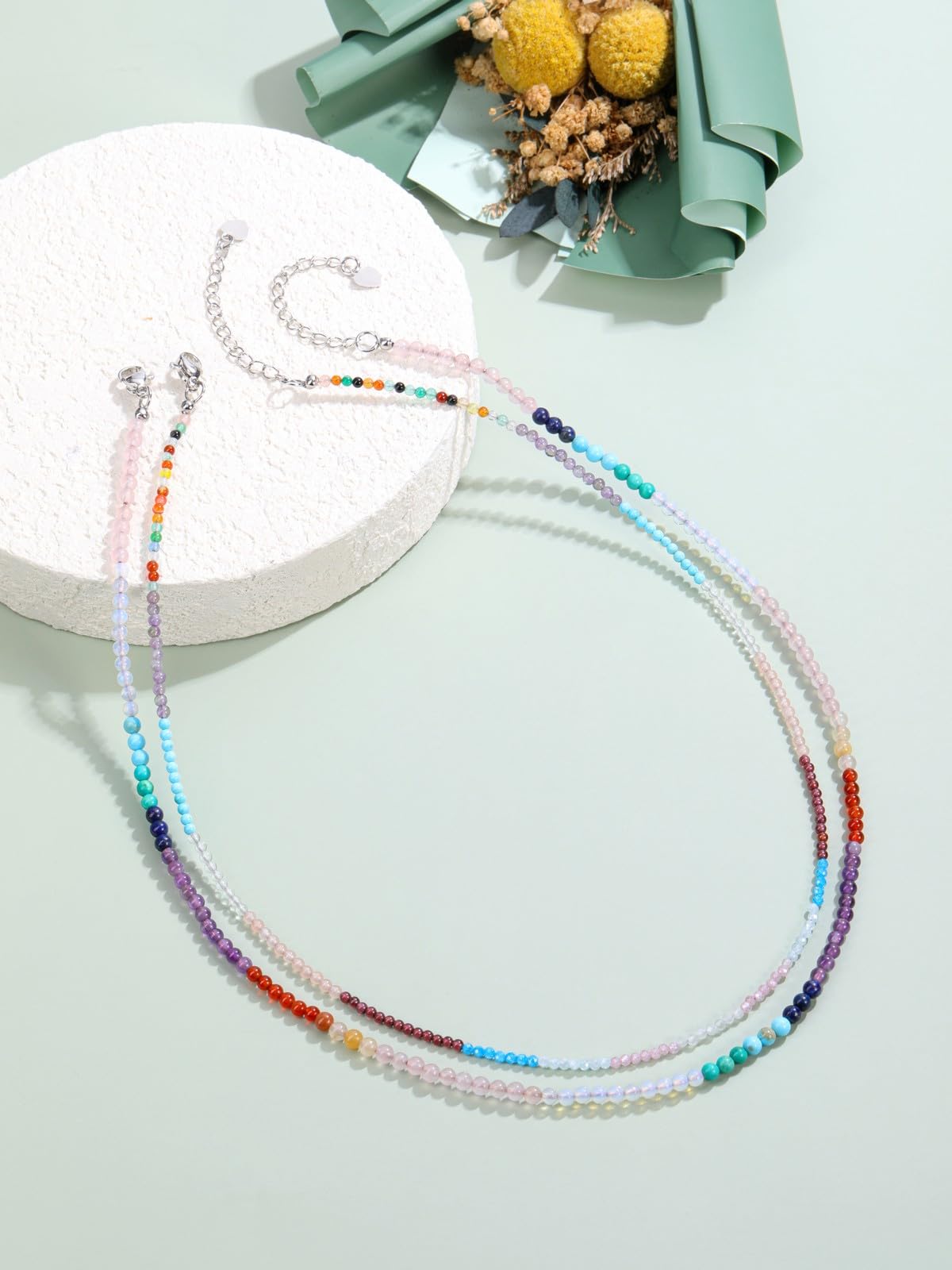 JSDDE Ensemble Colliers Perles Colorées en Pierres Naturelles Femme Fille 3mm Boheme Colliers Fines Couleur Perles Rondes Facettes Pierres et Cristaux Précieuse Parure Bijoux Empilables Porte Bonheur - 3