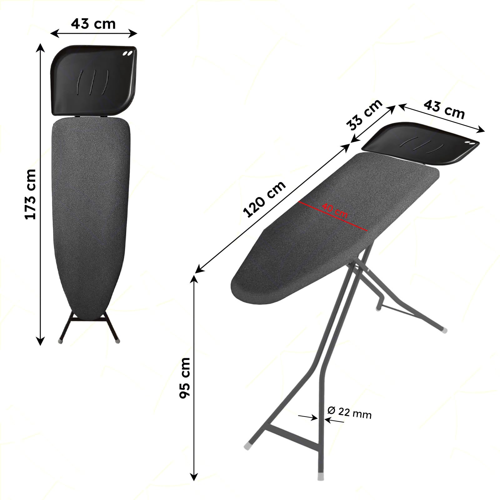 Sicignano | Table de repassage Tritone 120 x 40 cm, porte chaudière, porte cintres, antidérapant, gris, 153 x 43 x 95 h cm