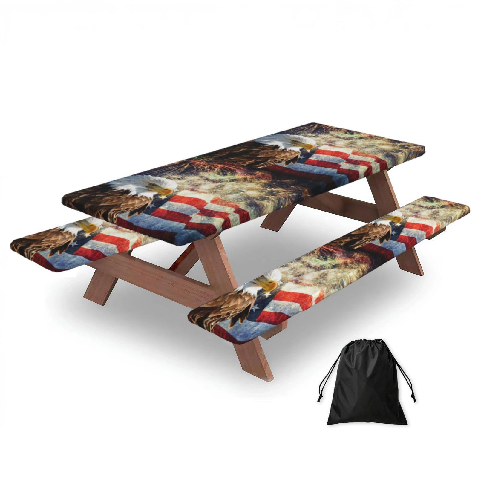Yqxwjl Black American Flag Fire Eagle Print Camping Essentials Waterproof Camping Table And Bench Cover With Drawstring Bag 183 Cm