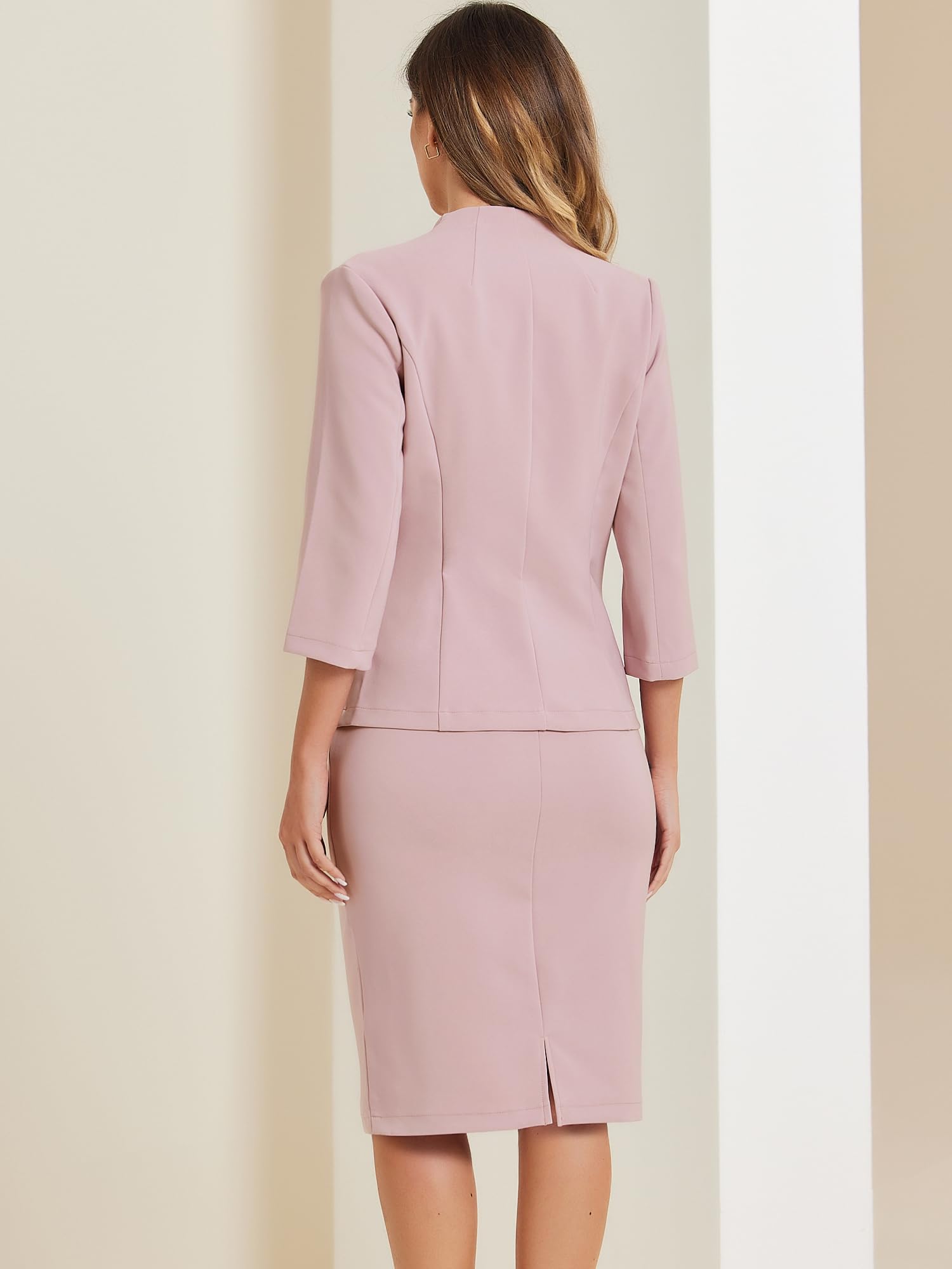 Allegra K Ensemble de Costume pour Femmes Jupe Crayon d'affaires Tenue de Travail 2 Pièces Blazer Col en V de Bureau Rose S