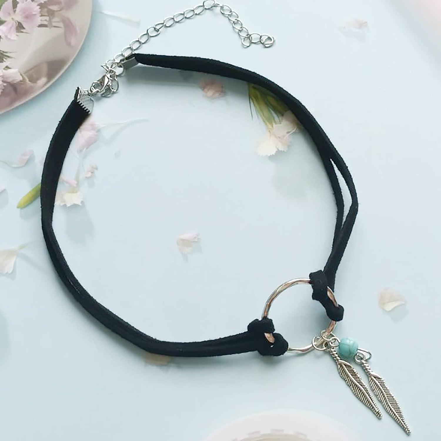Turquoise Feather Choker Necklace Gothic Bohemian Leaf Leather Chain Jewelry for Women Girls (Black), Free Size - Image 5