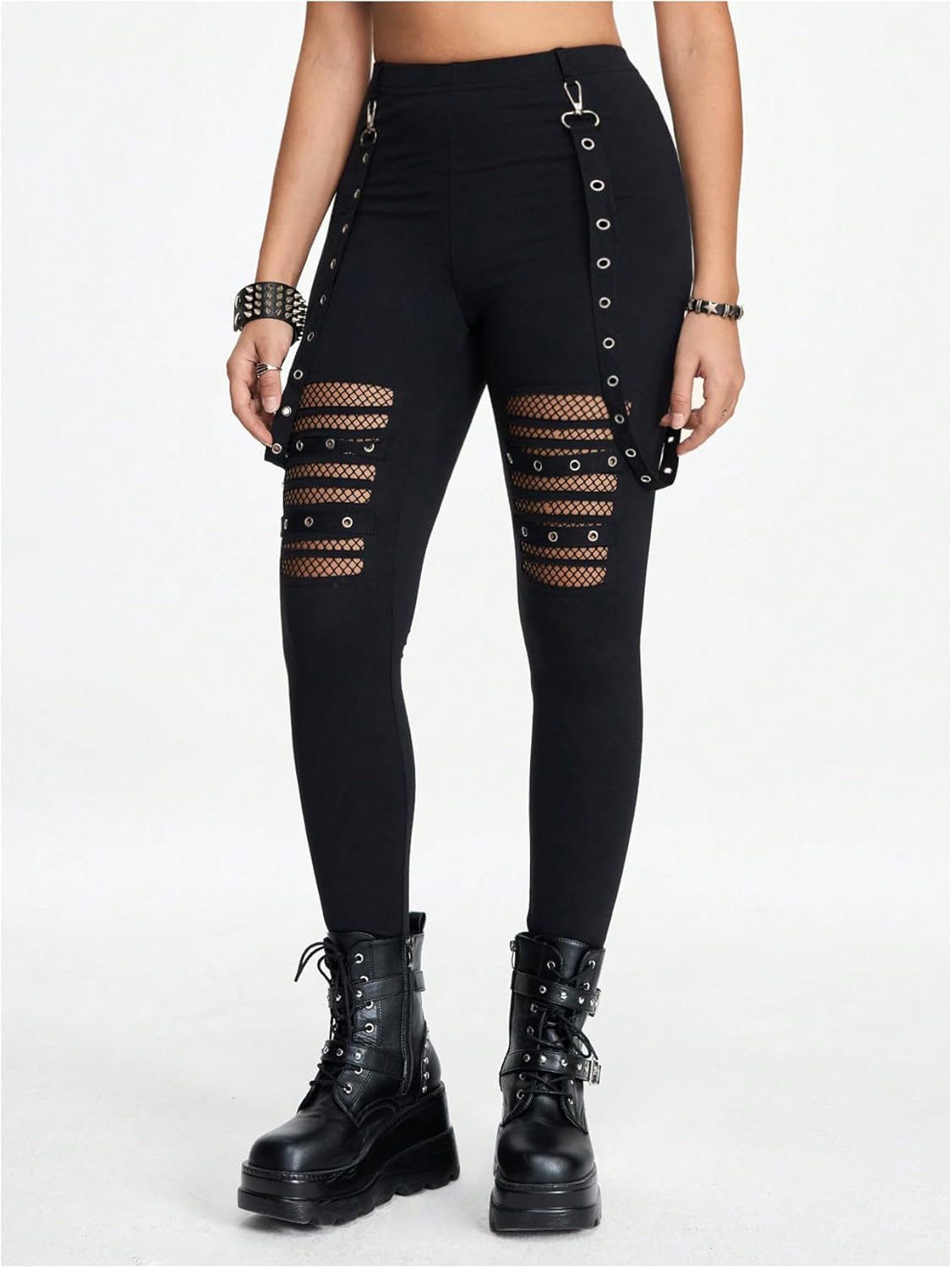 SweatyRocks Women's Fishnet High Waisted Rock Skinny Pants Streetwear Gothic Punk Leggings - Image 4