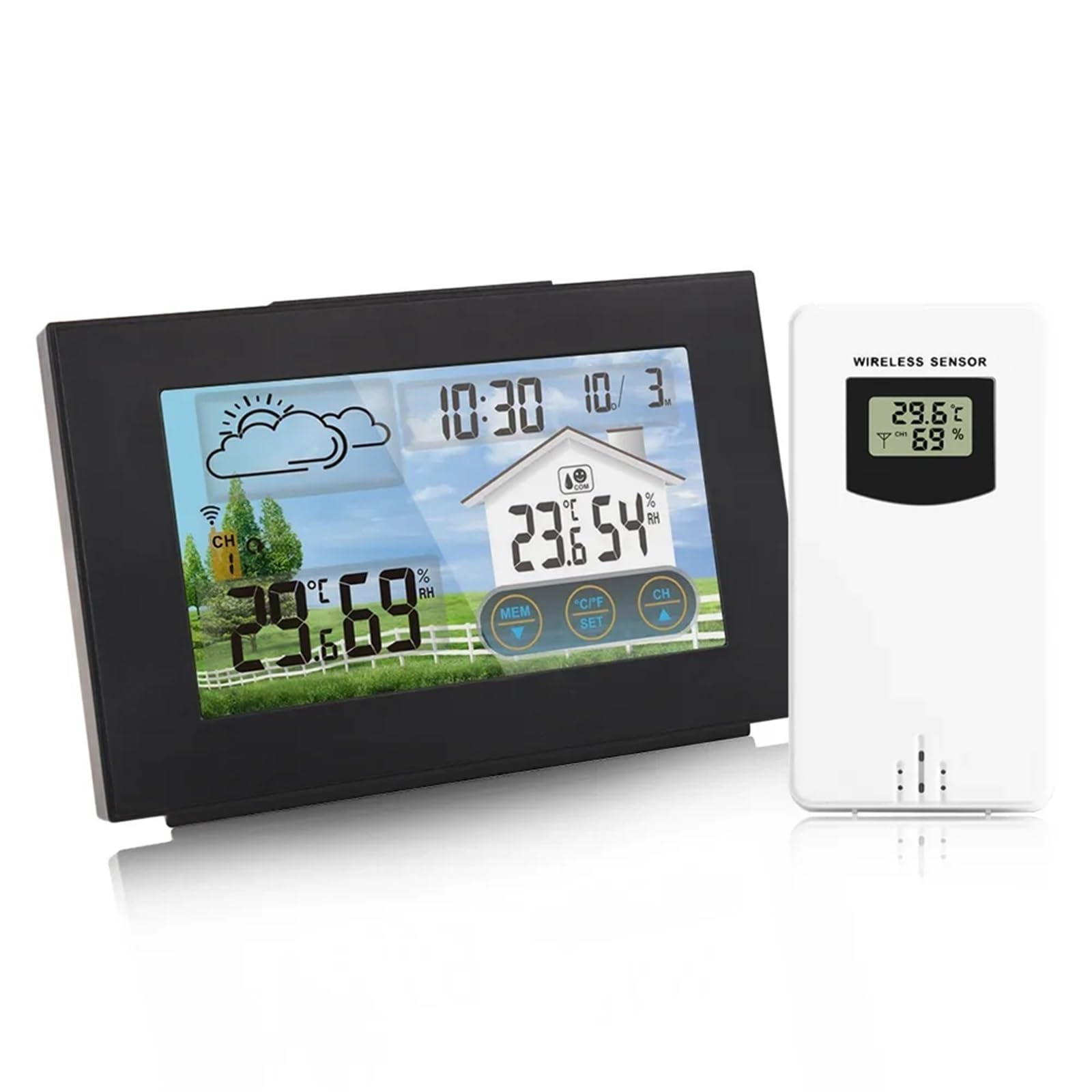 Multifunctioneel weerstation, wekkerthermometer, draadloos weerstation, hygrometer touchscreen draadloze sensor, zonsopgang zonsondergang hygrothermograaf, voor binnen buiten tuinhuis