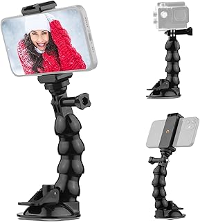 16cm/6.3in Flexible Suction Cup Mount Windshield Suction Cup Phone Mount 360Â°Rotatable 1/4 Inch Screw Connector with Phone Holder for Smartphone Sports Camera